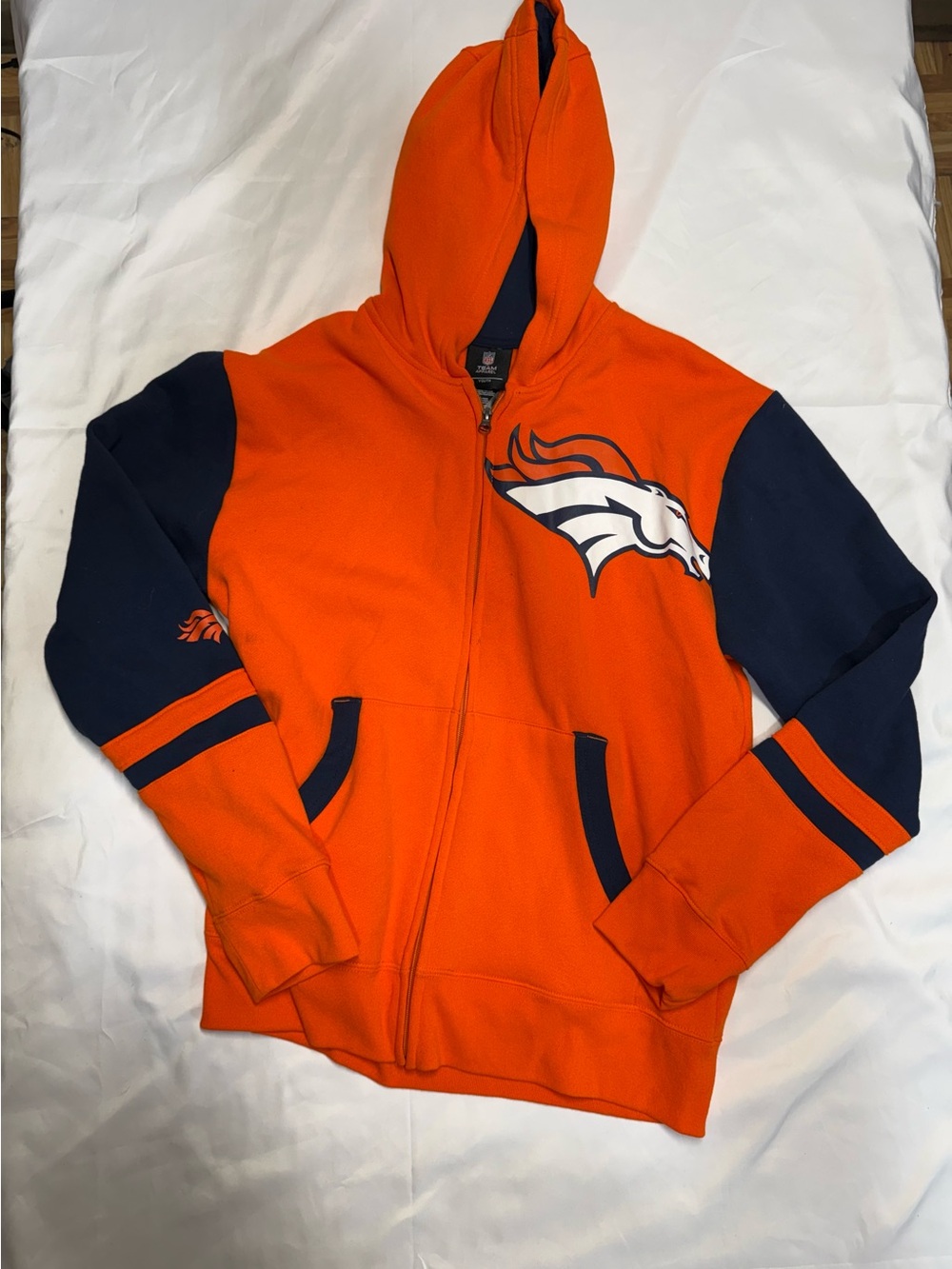 EUC Kids NFL Denver Broncos Orange Full‑Zip Hoodie with Logo Sz XL 18-20 (18AK)